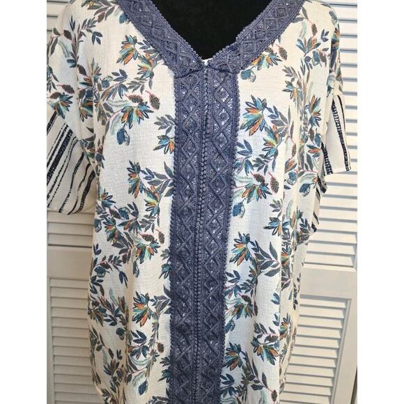Peasant Short Sleeve Floral Crochet Striped Top COTTAGECORE XL Blue Lightweight - Picture 1 of 5